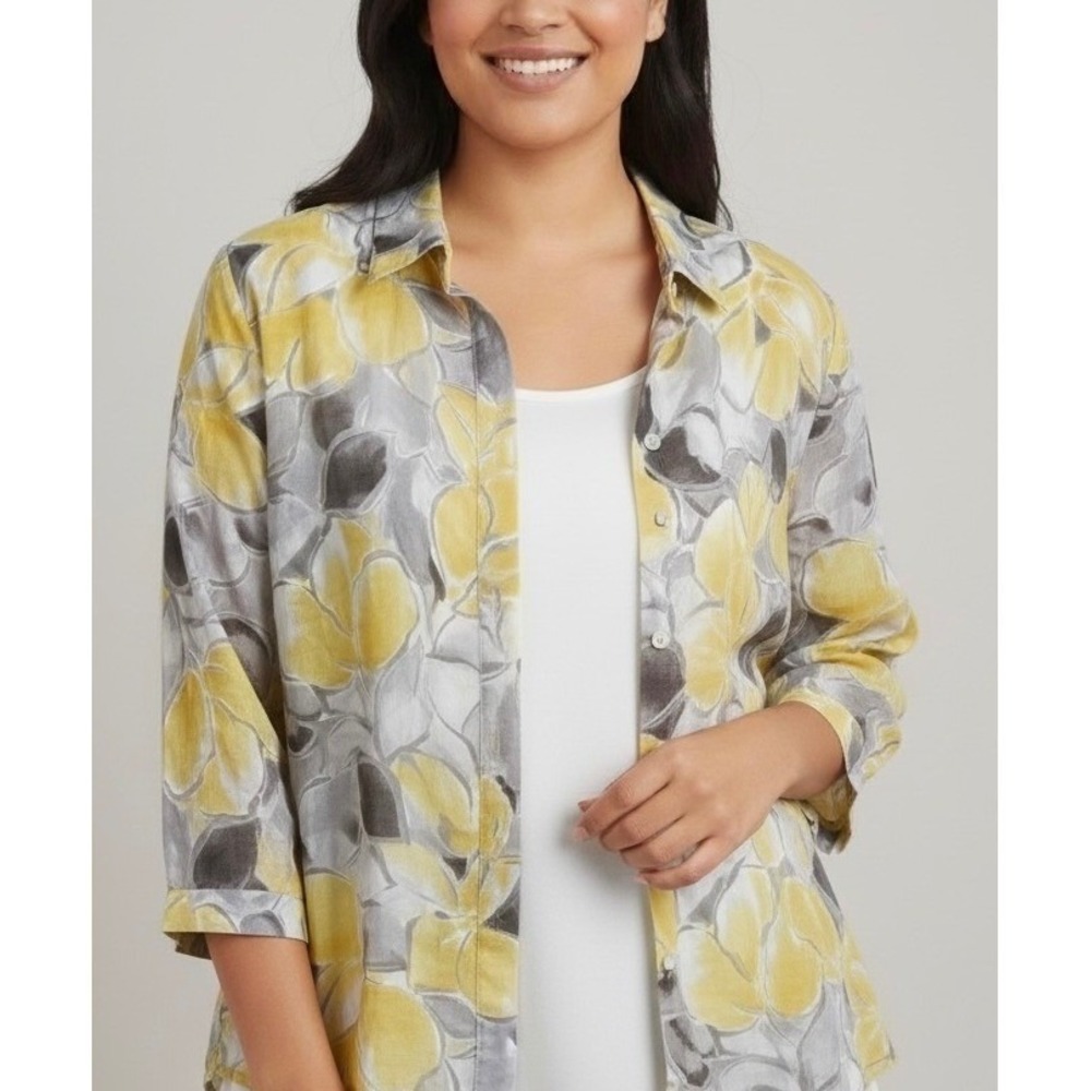 Alfred Dunner Womens 18 Yellow Grey Floral 3/4 Sleeve Shirt and Tank 2-Piece Set